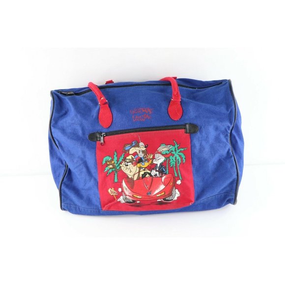 Vintage 90s Looney Tunes Spell Out Handled Carry On Weekender Travel Bag Blue